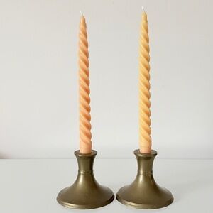 Pair of Vintage Brass Candlestick Holders with Vintage Peach Twist Taper Candles